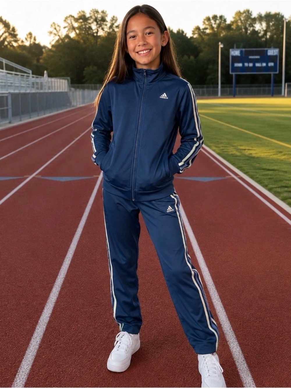 Adidas Girls Size M 10/12 Blue Pink Green Stripes 2-Piece Tracksuit Set